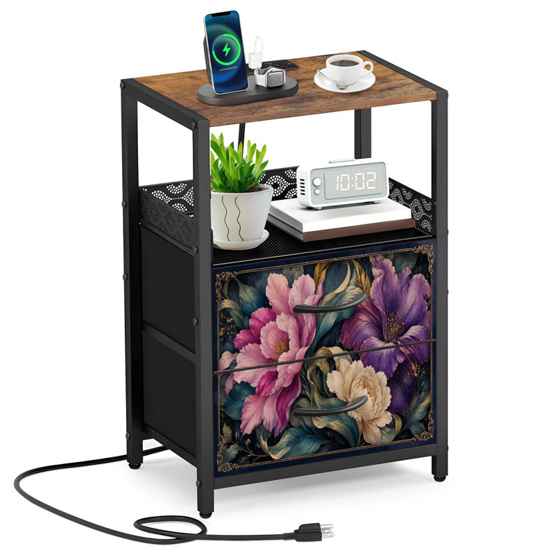 Table de chevet 2 tiroirs en tissu avec station de charge Formes géométriques abstraites aux couleurs vives