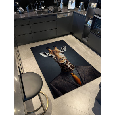 Dark-Toned Surrealist-Themed Suit-Wearing Abstract Giraffe Patterned Modern Decorative Rug