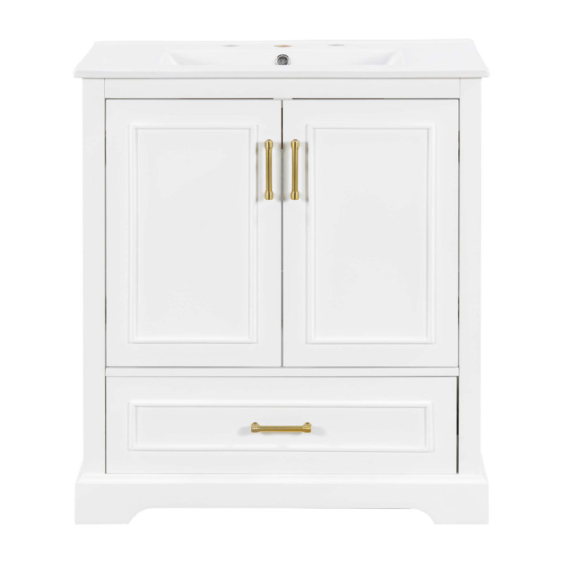 Meuble-lavabo autoportant de 30 po avec lavabo, panneau de fibres à densité moyenne et structure en bois massif, 1 tiroir de séparation et 2 portes à fermeture en douceur (double tablette sur la porte)