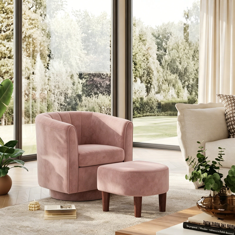 Fauteuil d'appoint pivotant avec repose-pieds Torince, Velours Capri rose, H 26 po x l 27,4 po x P 25,6 po