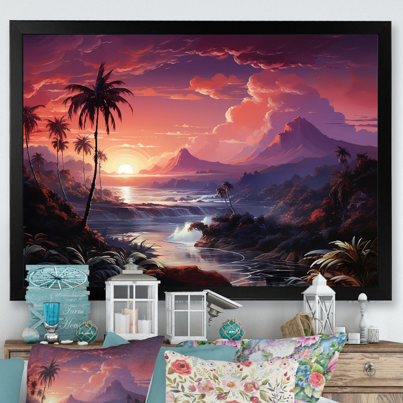 «Abstract Hawaii Palm Tree Sunset I», reproduction sur toile, H 24 po x l 32 po x P 1 po, Cadre photo noir