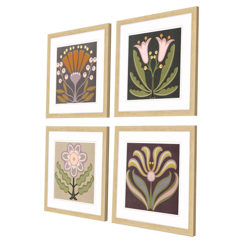 " Graphic Folk Flower " 4 - Pieces