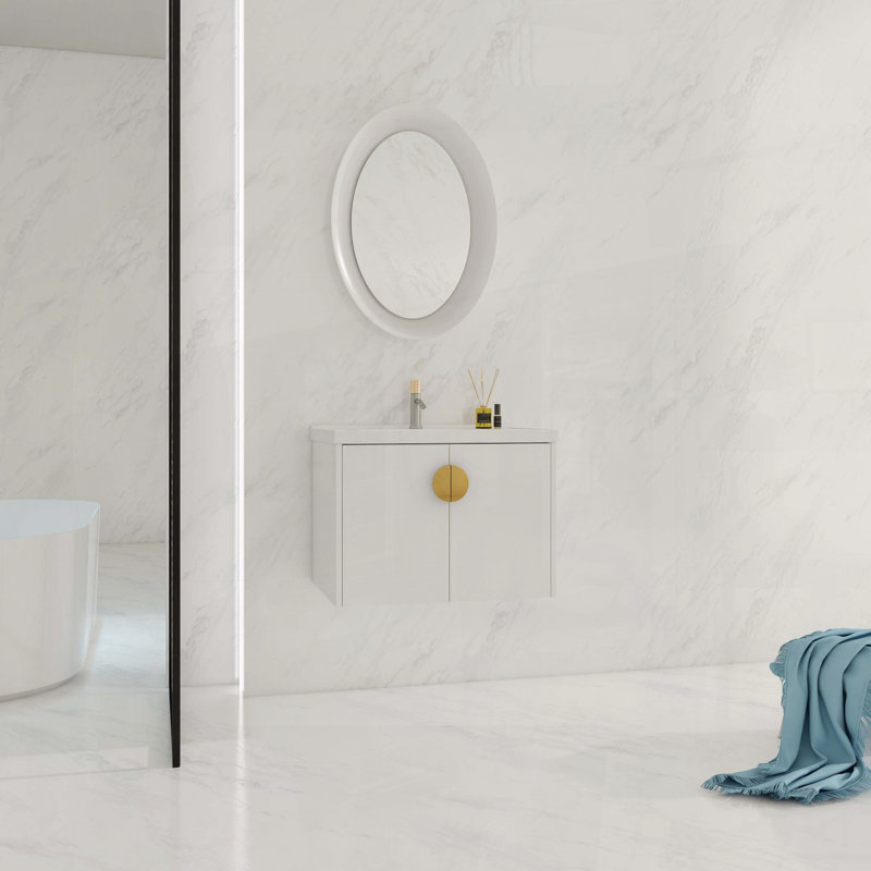 Meuble-lavabo à fixation douce 28 po avec lavabo - fixation murale - blanc brillant, H 20,7 po x l 27,8 po x P 18,5 po 