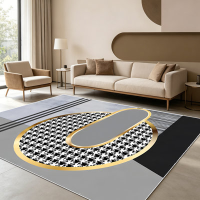 1PC Black White Houndstooth Gold Framed Modern Luxury area rugs for Living Room, Soft and Comfortable, Suitable for all seasons, easy-to-maintain, machine washable Indoor floor mat, Under Table Farmhouse suitable for entryway, dining room, bedroom,