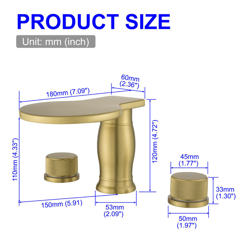 Deck Mounted Waterfall Tub Faucet 3 Hole Bathtub Faucet 2 Handle Brass Tub Filler With Valve, Brushed Gold 