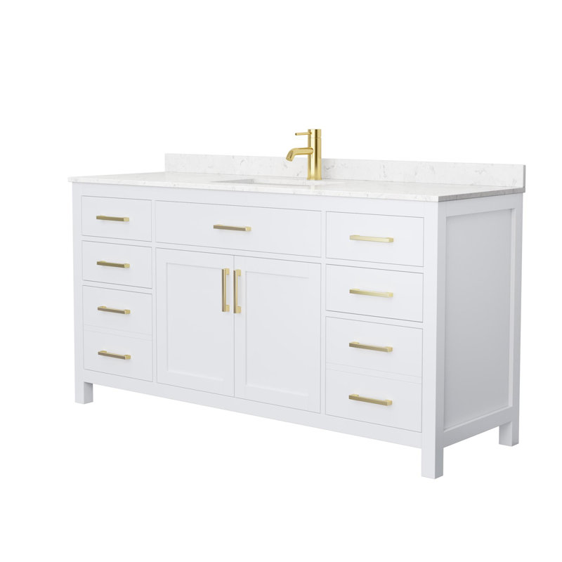 Beckett 66" Freestanding Single Bathroom Vanity with Cultured Marble Top, White, Brushed Gold, Carrara Cultured Marble