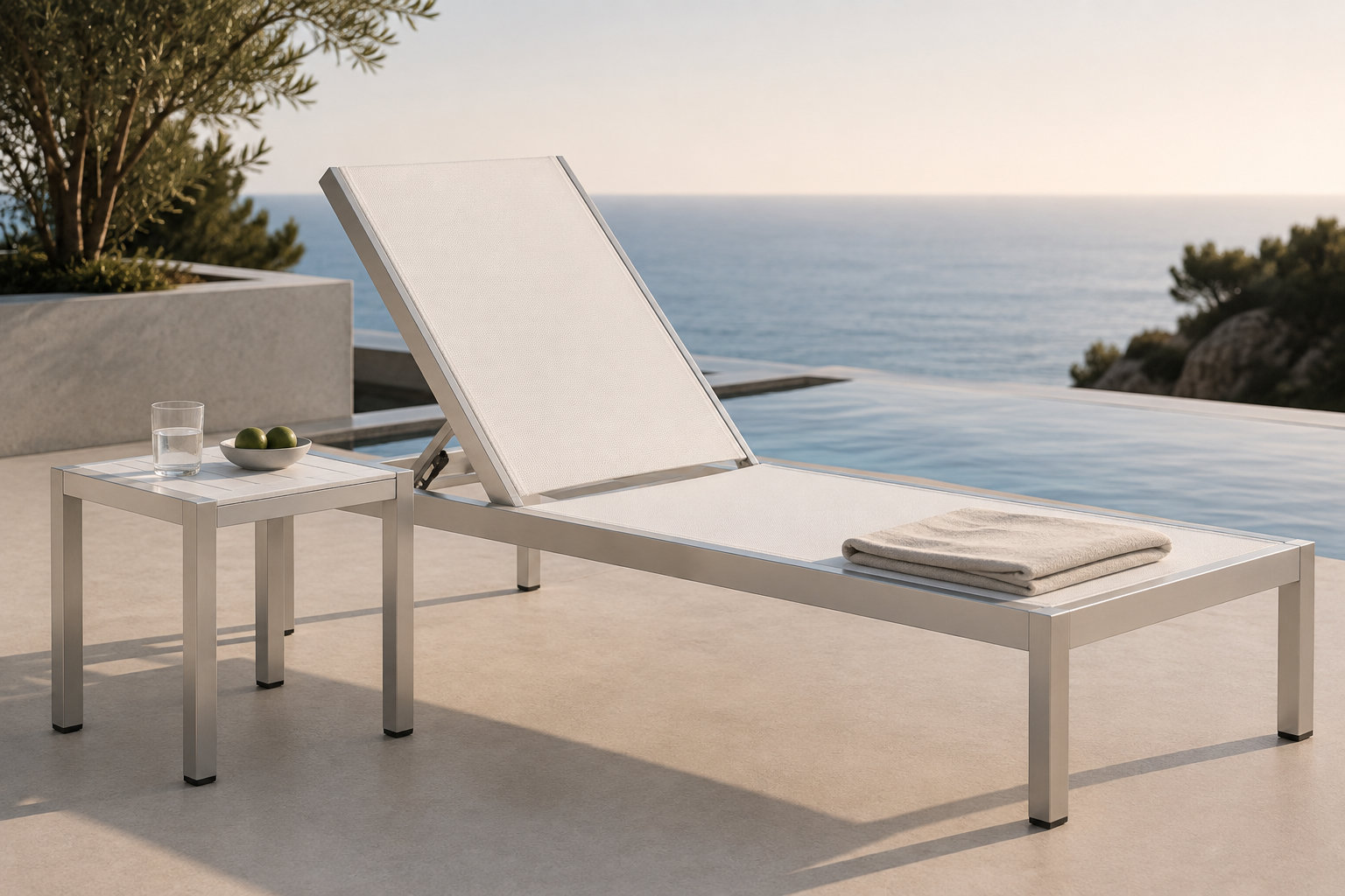 Aynura 25" Patio Chaise Lounge Set, White, Satin Silver