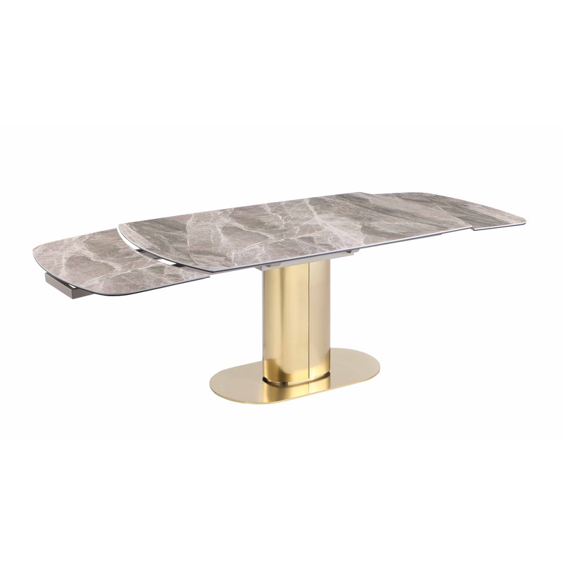 Elegant Extendable Faux Marble Dining Table with Brass Pedestal Base