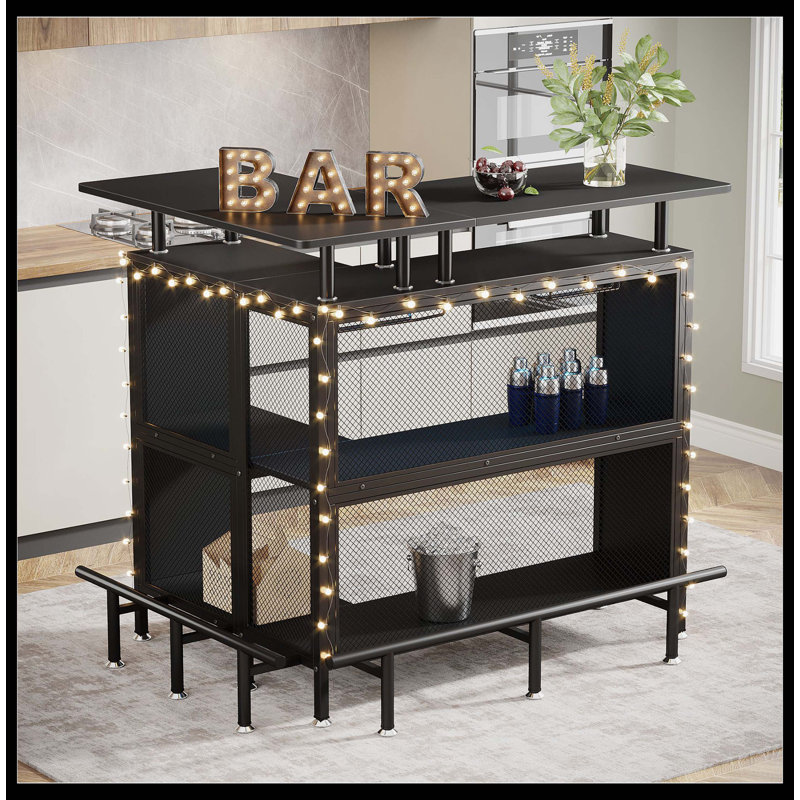 Unité de bar en forme de L, table de bar avec porte-verres et tablettes