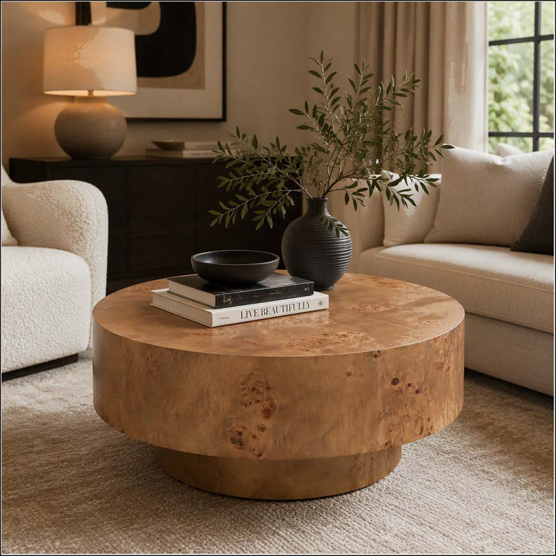 Round Burl Wood Veneer Coffee Table with Sturdy Pedestal, 13.77" H x 31.49" W x 31.49" D