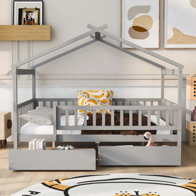 Wooden House Bed With Two Drawers