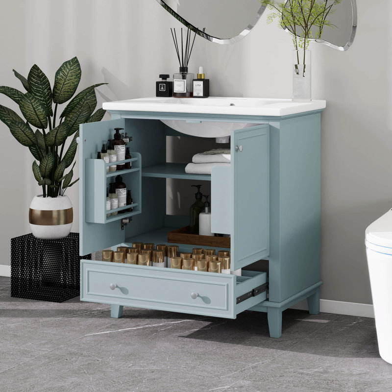 Meuble-lavabo de 30 po avec lavabo en céramique, armoire de salle de bain avec portes et tiroir, cadre solide et panneau de fibres à densité moyenne, tablette réglable