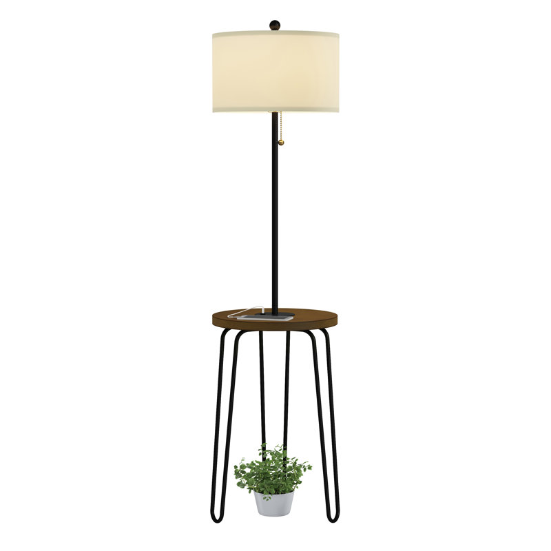 Wrought Studio Floor Lamp with Table - Mid-Century Modern Nightstand or Side Table with USB Port and Hairpin Legs - Standing Light with Shelves