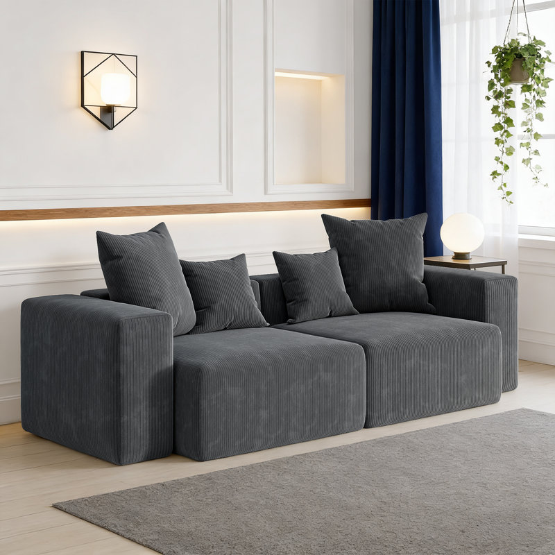 2-Piece Upholstered Corduroy Modular Sectional Sofa  – Fully Compressed, No Assembly Required, Grey