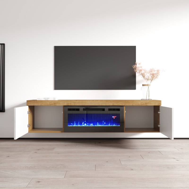 Floating 70.9" Modern TV Stand with Electric Fireplace, High Gloss Finish, Wall-Mounted, Oak/White/Black
