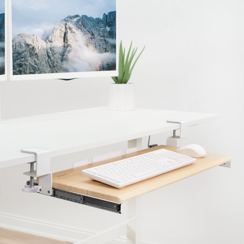 Light Wood Adjustable Under Desk Keyboard Tray with White Clamps