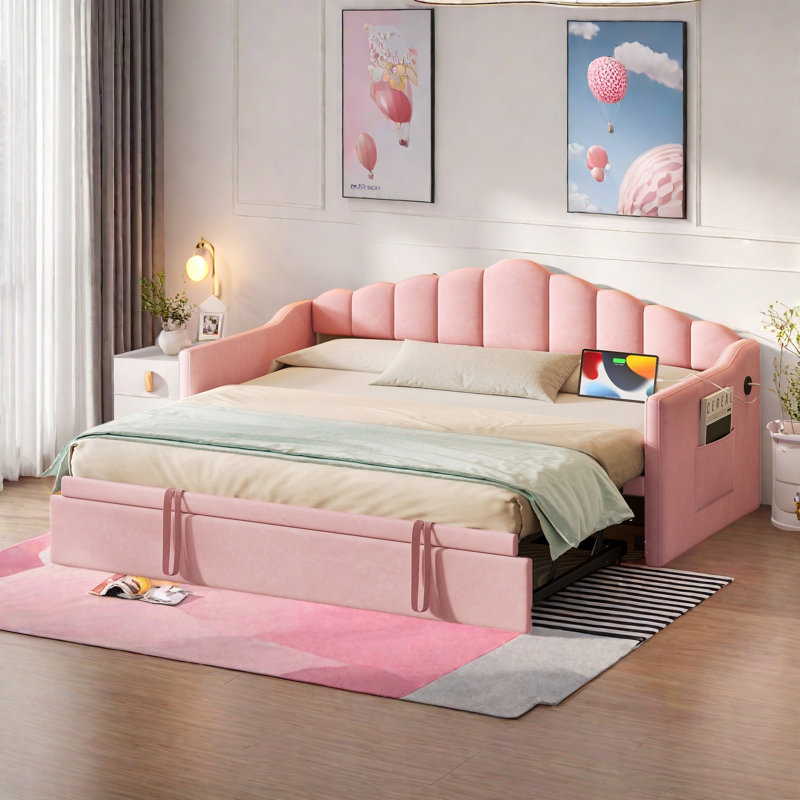 Upholstered Daybed With Pop Up Trundle, Charging Ports, 2 Side Pockets And Curved Backrest Design, Pink