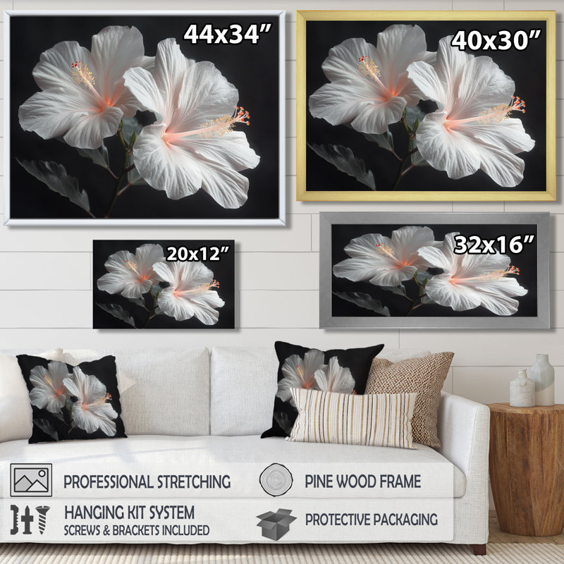 Hibiscus blanc botanique blanc cristal - Hibiscus, reproduction d'art murale, Toile tendue, H 12 po x l 20 po x P 1 po
