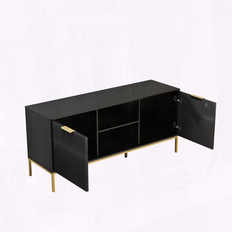 Modern TV Stand with Wave-Design Doors and Golden Legs in Black and Gold, Black/Gold