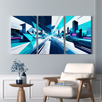 Ensemble de 3 tableaux sur toile représentant un paysage urbain futuriste géométrique