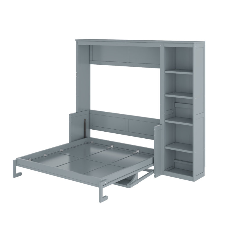 Lit escamotable avec bureau et bibliothèque Murphy, Gris, Lit double