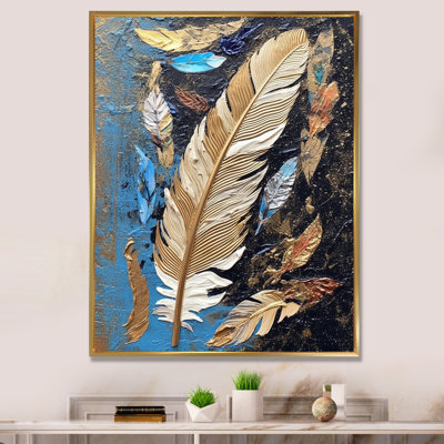 Boho Glam Exquis or sur plume bleue, reproduction d'art sur toile