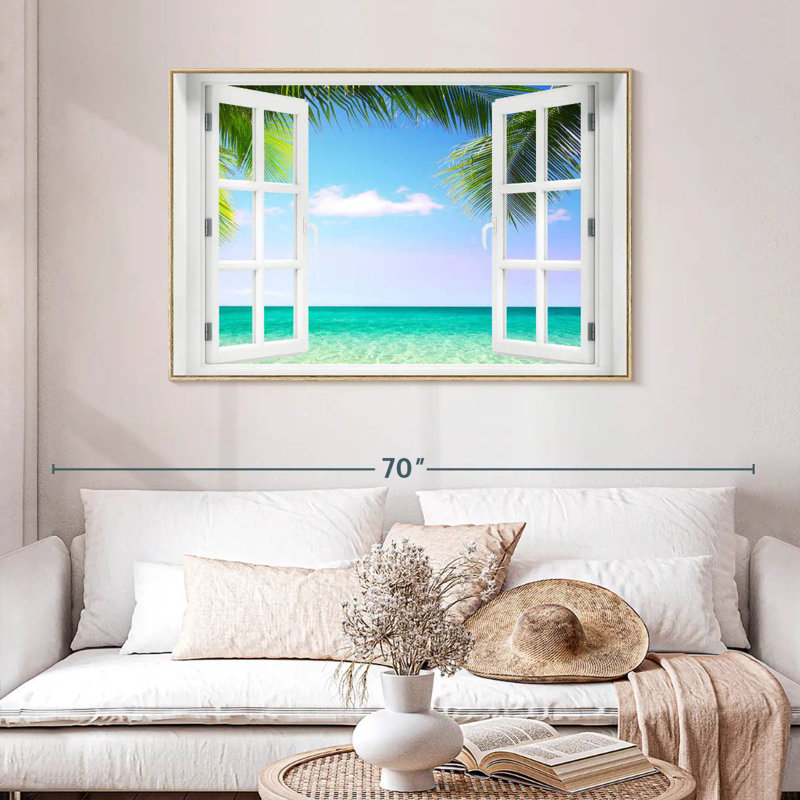 Fenêtre sur la plage turquoise, Cadre flottant en bois naturel, 25 po x 17 po