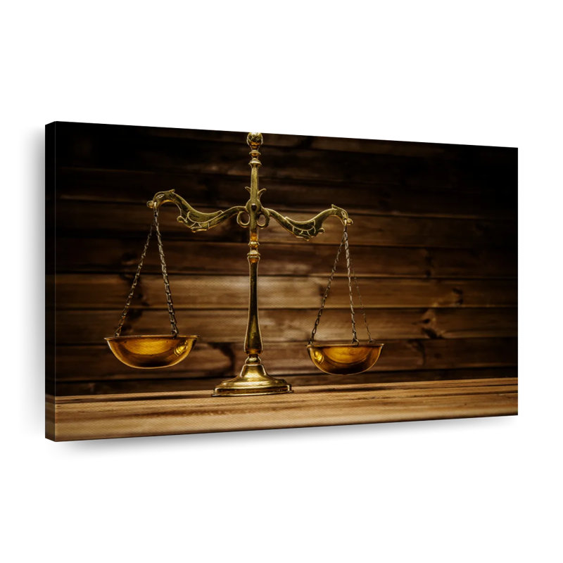 Laiton, balance de la justice sur toile, H 8 po x l 12 po x P 1 po