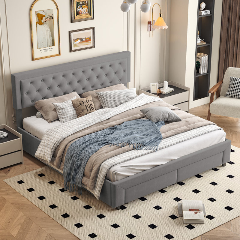 Upholstered Storage Bed, European Kingsize (160 x 200 cm), Grey