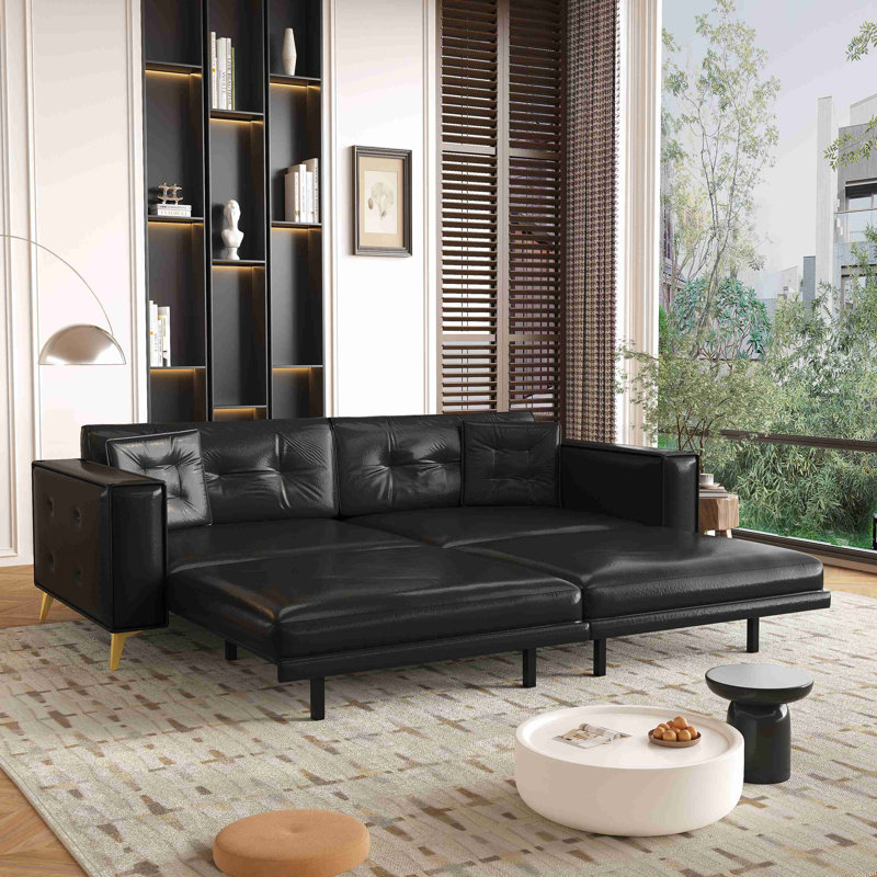 King Size Pull Out Sofa Bed,3-In-1 Faux Leather Convertible Sleeper Sofa With Ultra Wide Armrests,Tufted Modern Sofa,4-Seater Couch With 2 Pillows