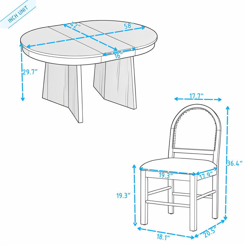 Ensemble de table et de chaises de salle à manger rondes extensibles rétro avec 4 chaises à dossier en rotin pour la cuisine et la salle à manger
