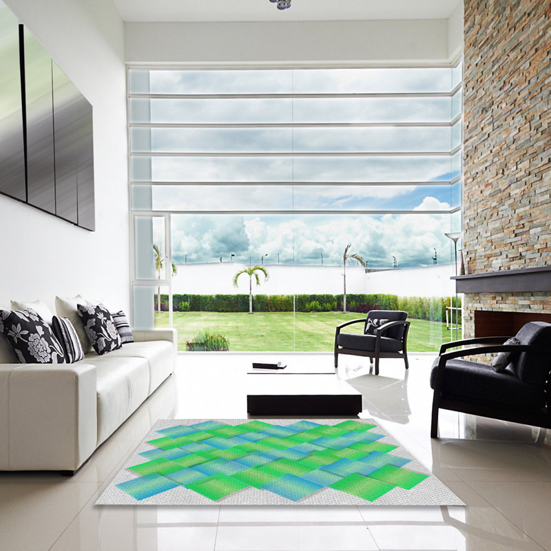 Tapis vert/bleu de mer à motifs, Carré 7 pi
