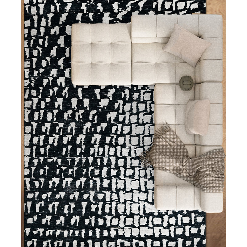Tapis gris / blanc noué à la main, Rectangle 9 pi x 12 pi