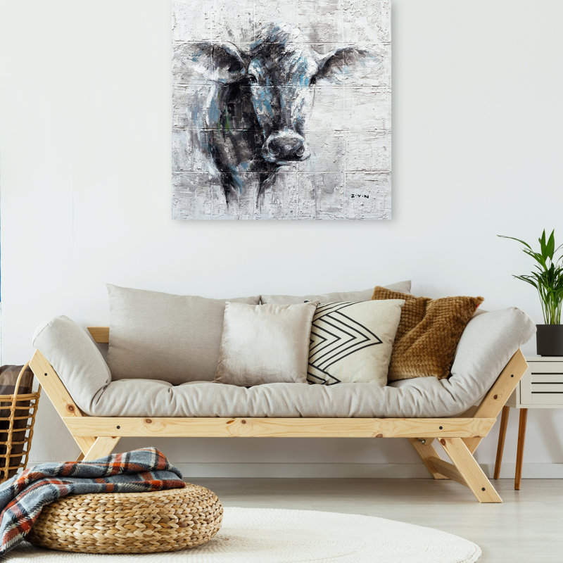 Vache mystérieuse - peinture sur toile tendue, H 40 po x l 40 po x P 1,5 po