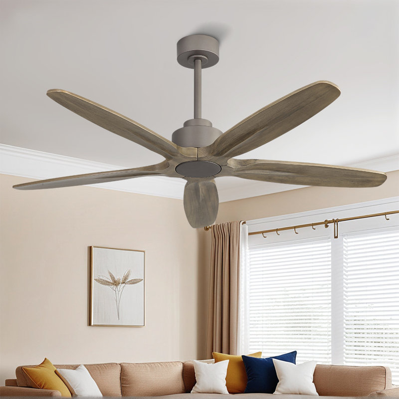  54 po Ventilateur de plafond à 5 pales en bois massif avec télécommande, moteur à courant continu silencieux gris anthracite