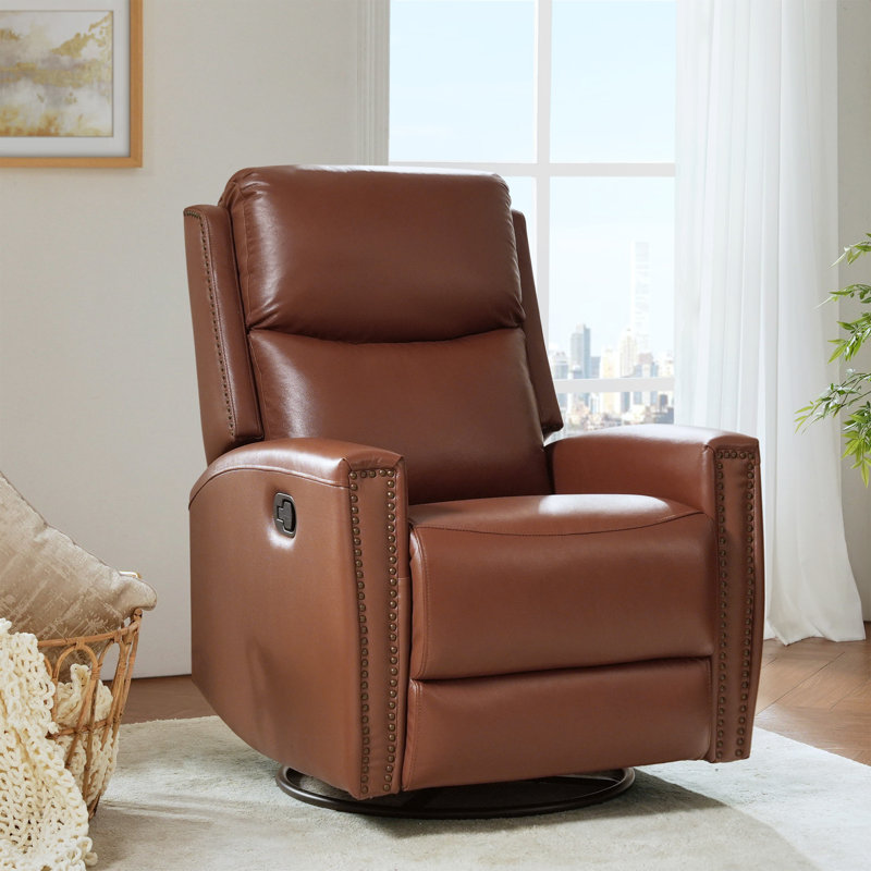 Chikako Genuine Leather Swivel Rocker Manual Recliner, Brown Genuine Leather