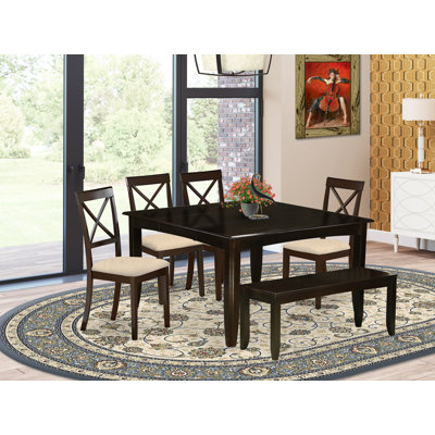 6 Piece Kitchen Table Set Contains a Square Dining Table with Butterfly Leaf and 4 Linen Fabric Dining Chairs with a Bench, Cappuccino