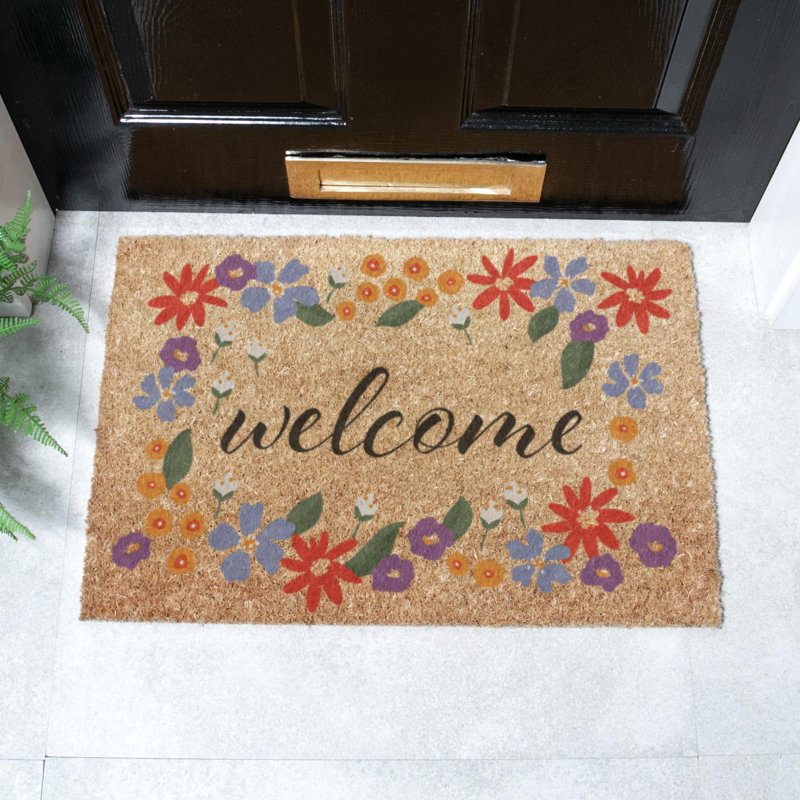 Welcome Floral Border Coir Doormat, 40cm W x 60cm L