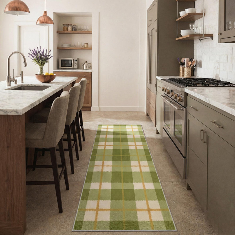Modern Checkered Machine Washable Green / Beige / Orange Indoor Area Rug with Non-Slip Backing, Runner 2' x 6'
