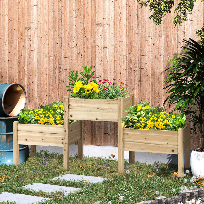 Support à plante surélevé en bois avec 3 boîtes à fleurs - Lit de jardin surélevé pour herbes, légumes, cadre en bois massif naturel et légumes