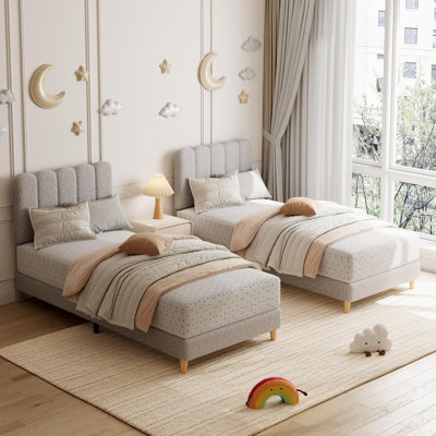 Twin Bed Frame, Boucle Upholstered Platform Bed with Wave Headboard for Kids, Easy Assembly, Wooden Slats Support, No Box Spring Needed, Grey