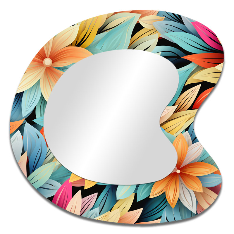 Lampkin Multicolor Chrysanthemum Mandala Boho Pattern - Floral Irregular Shape Decorative Wall Mirror, Cottage Asymmetrical Mirror, Printed Metal Art