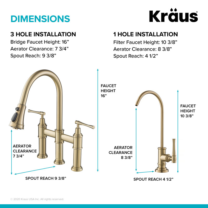KRAUS Allyn Transitional Bridge Kitchen Faucet with Pull-Down Sprayhead, Brushed Gold, With Filter Beverage Faucet