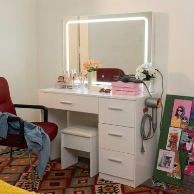 Mila White Makeup Vanity Desk With LED Mirror, Drawers And Stool