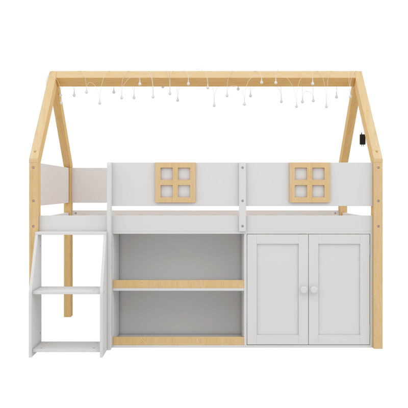 Twin-Scale House-Inspired Low Loft Bed With Integrated Shelving, Cabinets & LED Lights, Wooden Playhouse Loft Bed Equipped With Step Ladder