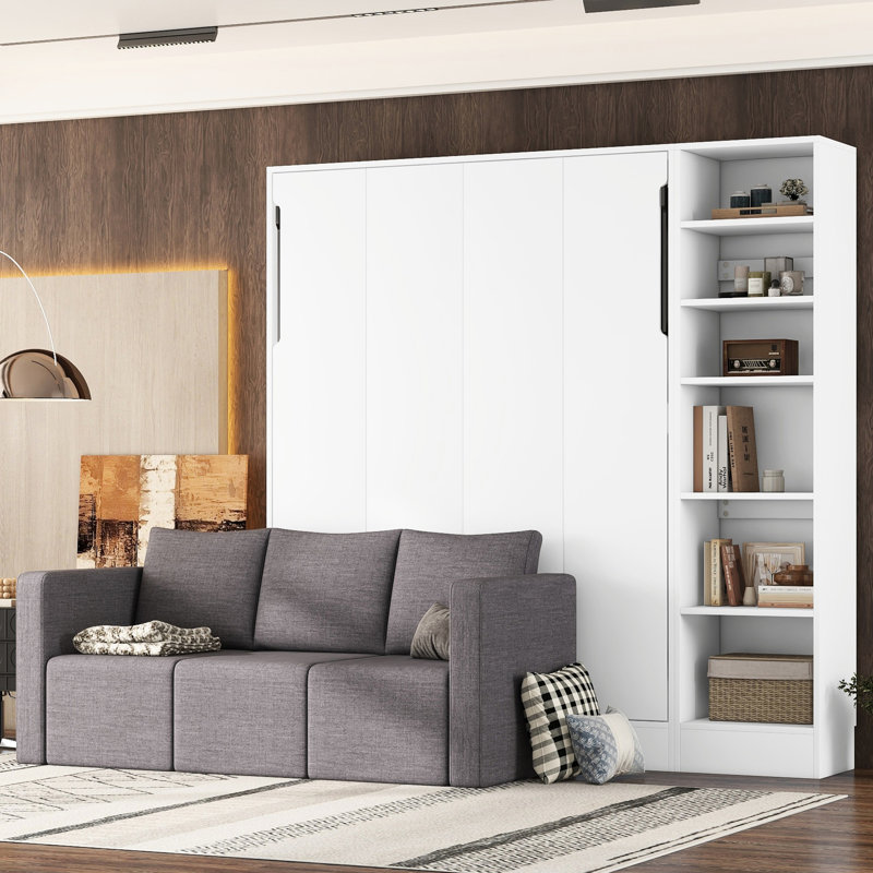 Lit double avec tablettes et - blanc, tablettes fonctionnelles simples avec rangement blanc, attrait moderne pour la chambre à coucher