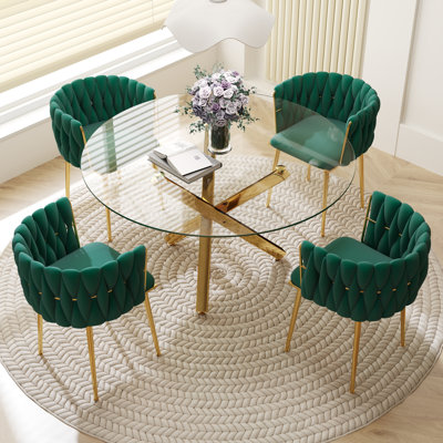 Ayron Round Restaurant Dining Set, Clear Dining Table with Cross Legs with Velvet Dininig Chair for Small Space and Dining Room