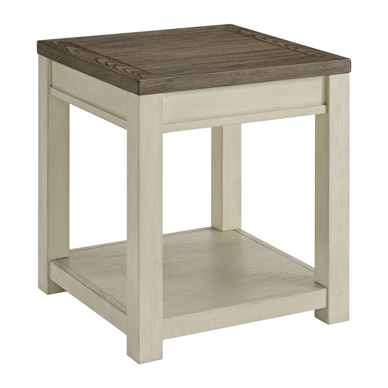  Tate Farmhouse Wood End Table with Shelf, Weathered Brown and Cream