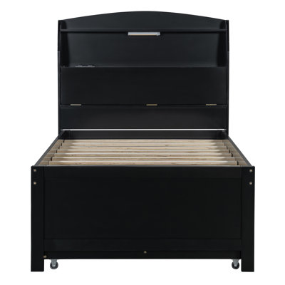 Lit plateforme simple en bois avec lit à DEL, lit gigogne et tête de lit avec tiroirs, espresso