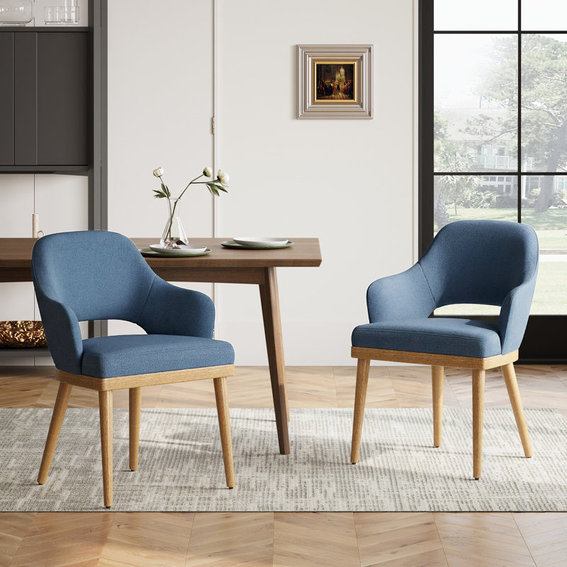 Modern Upholstered Dining Accent Chair with Wooden Legs, Blue, Natural Wood